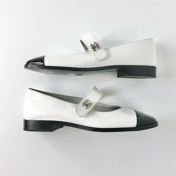 Chanel CC Logo Turnlock Calfskin Patent Leather Cap Toe Maryjane Flats Shoes 37 - Picture 5 of 12